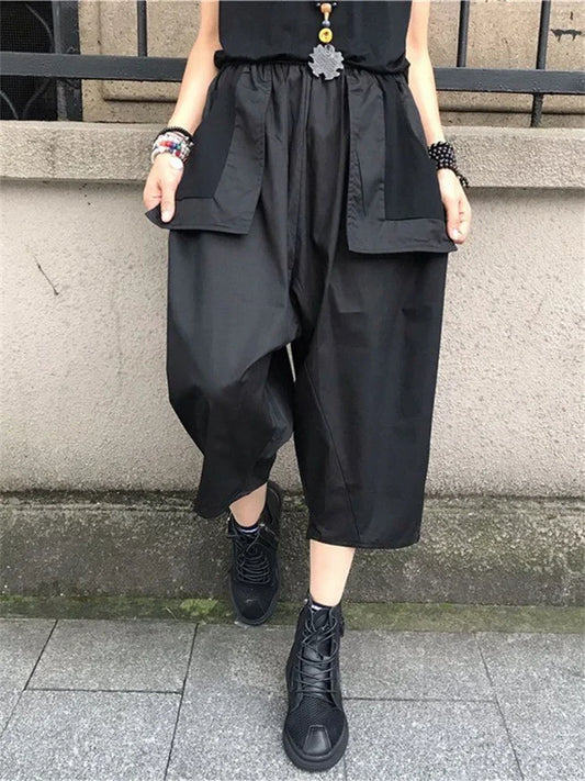 Seluar sembilan mata Harajuku Kasual Cargo Seluar Pepejal Longgar Seluar Lurus Lebar Poket Kaki Seluar Jogger Y2K Wanita Streetwear