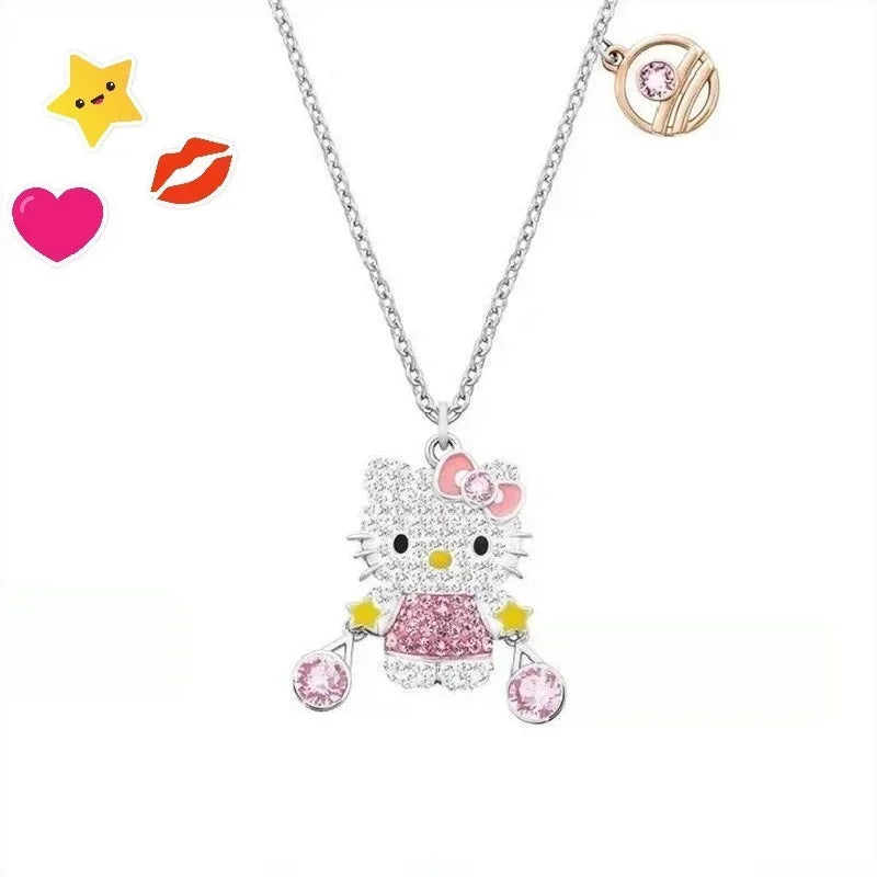 Kalung Hello Kitty Sanrio Watak Anime Pink Peach Heart Crystal Cat Gelang Tolak Tarik Loket Hiasan Pasangan Hadiah Gadis
