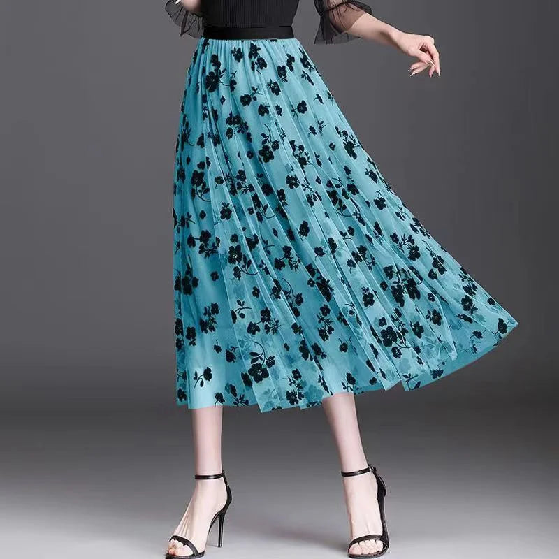 Skirt Bunga Mesh Wanita 2024 Musim Bunga Musim Panas Lace Berbondong-bondong Buaian Besar Elastik Pinggang Tinggi Fesyen Elegan Skirt A-line Skirt separuh