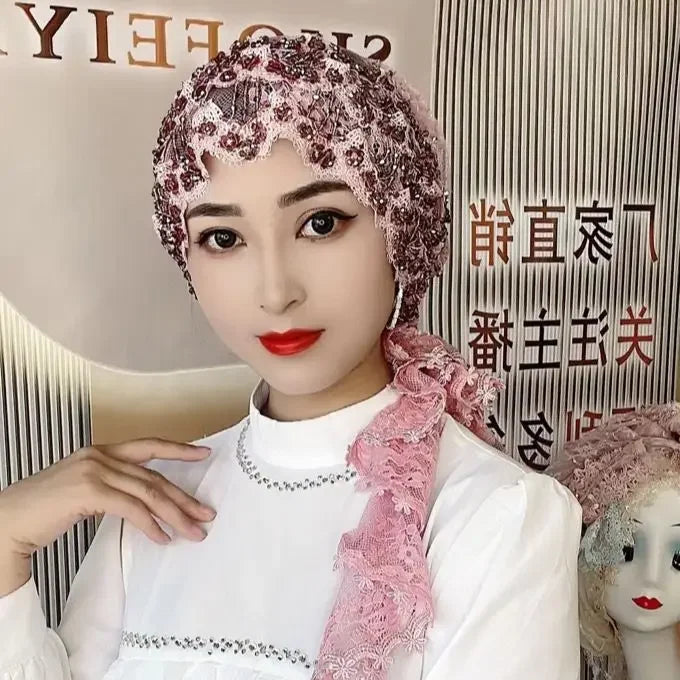 Topi Mewah Untuk Wanita Sulaman Renda Arab Hijab Muslim Manik-manik Tudung Perkahwinan Penutup Kepala Dubai Islam Tudung Rumbai