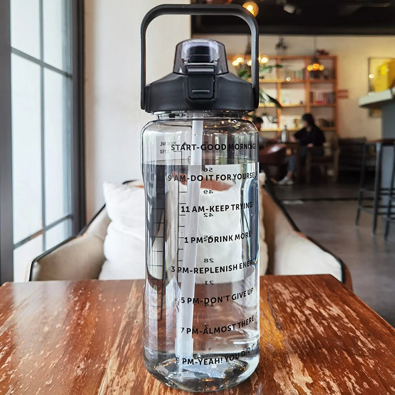 2 Liters Plastic Kettle Large Portable Travel Water Bottle with Straw Sports Fitness Cup High Value Big Fat Cup Adult Universal