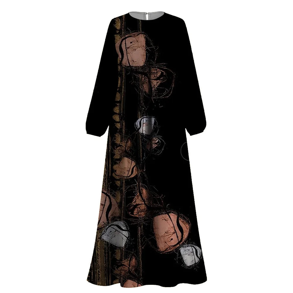 Abaya Muslim Kelabu Muslim Sederhana Cetak Bunga O-leher Lengan Panjang Abaya Pakaian Muslim Femme Dubai Turki Kaftan Islam Jubah