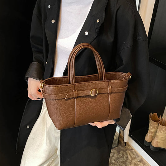 PU Leather Fashion Shoulder Bags Luxury Designer Handbag Vintage Solid Tote Purse High-end Top Handle Bag Women's Zipper Satchel