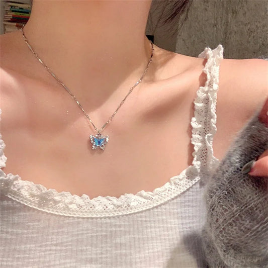 Romantic Blue Crystal Butterfly Necklace for Women Girls Simple Shiny Zircon Bilayer Choker Clavicle Chain New Fine Jewelry Gift