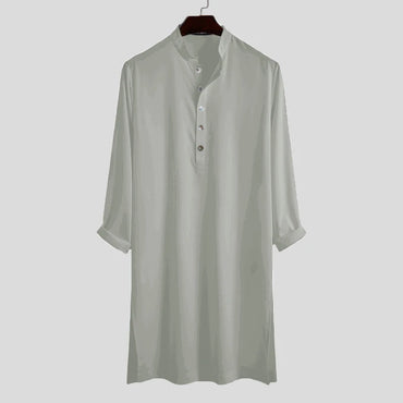 INCERUN Lelaki Baju Muslim Kolar Berdiri Lengan Panjang Kaftan Arab Islami Warna Pejal Pakaian Jalanan Kemeja Panjang Kasual Pakaian Lelaki 5XL