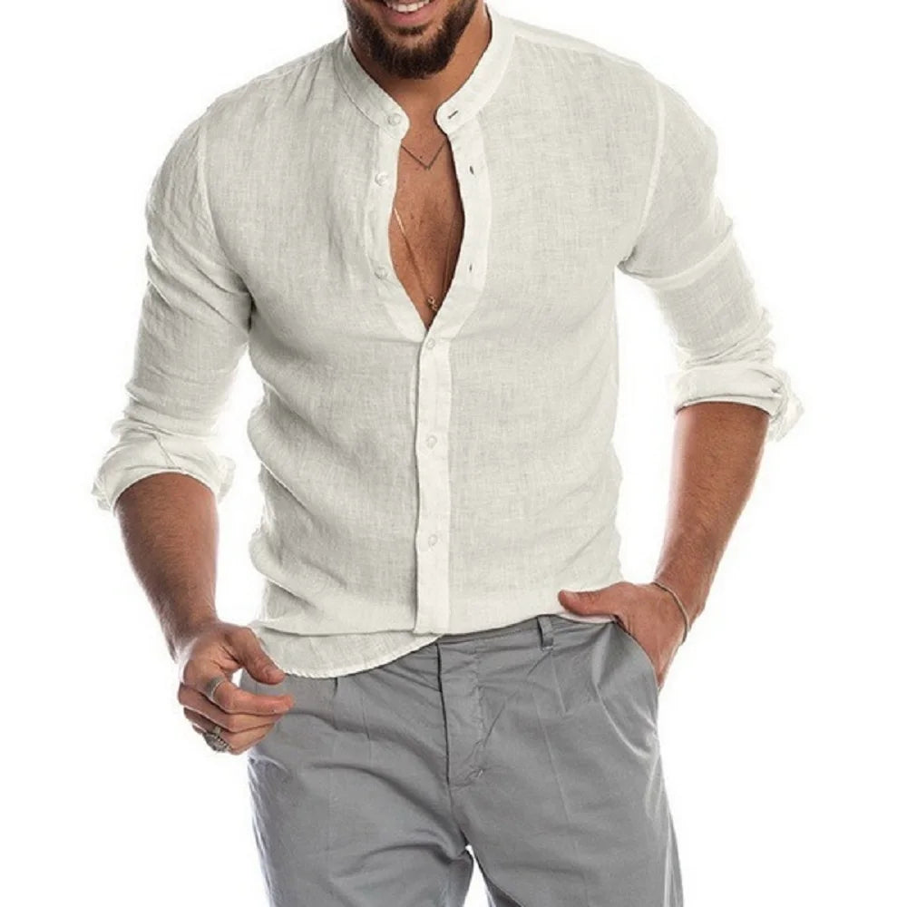 Cotton Linen Hot Sale Men's Long-Sleeved Shirts Summer Solid Color Stand-Up Collar Casual Beach Style Plus Size