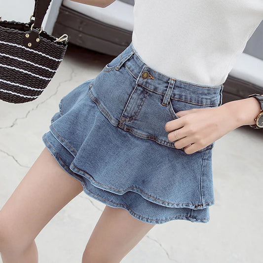 Skirt Denim Fesyen Ruffles Musim Panas Wanita Skirt Mini Jean Pinggang Tinggi Bergaris Kasual Skirt Gadis Korea Pepejal