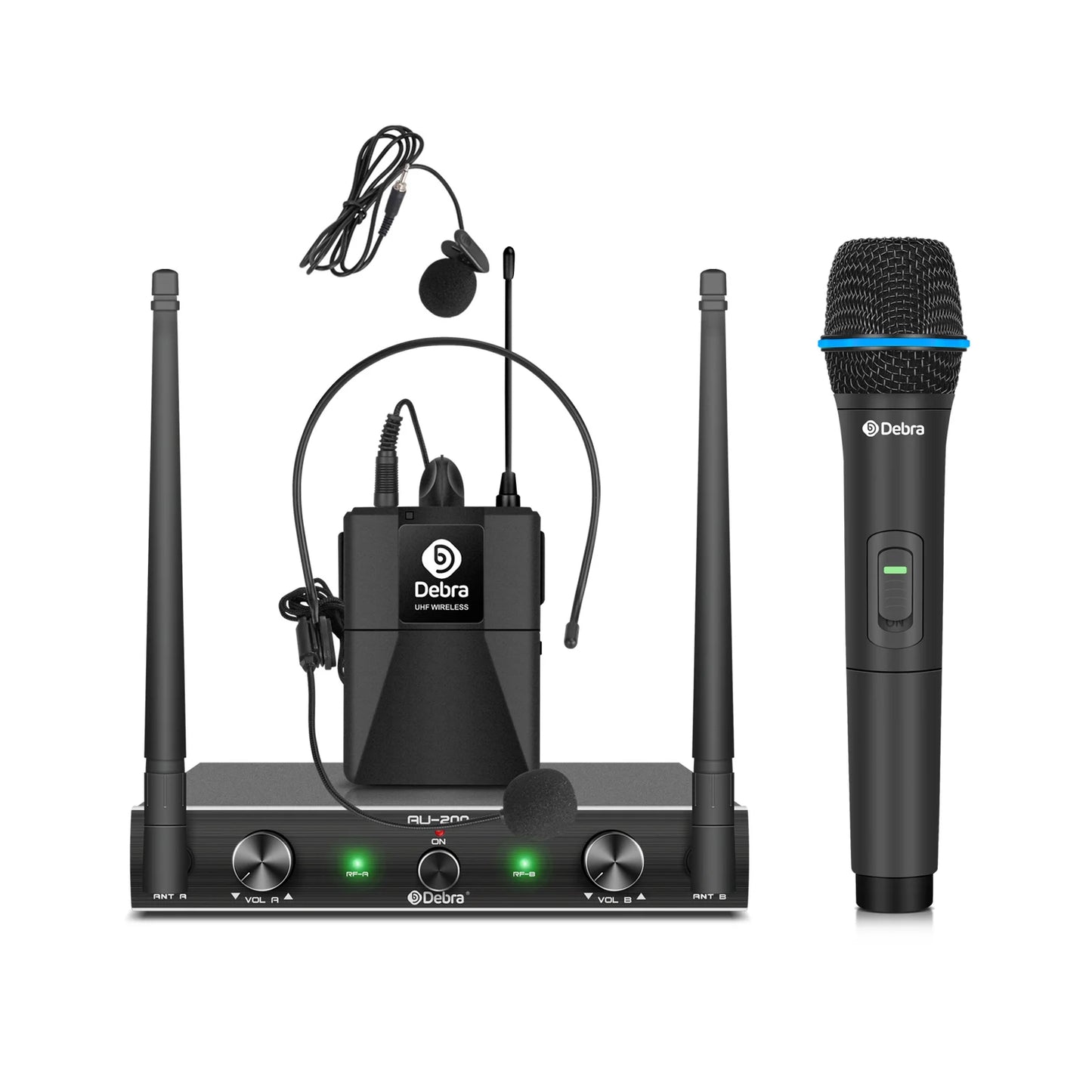 Sistem Mikrofon Wayarles Debra AU200 Mudah Alih UHF 2 Saluran Pegang Tangan Atau Lavalier & Headset Untuk Pesta Gereja Karaoke.
