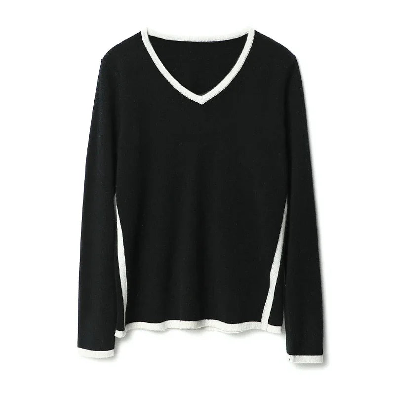 musim luruh gaya baharu 100% kasmir v leher sweater wanita kontras lengan panjang kelembutan pullover rajutan pakaian rajut hangat bergaya wanita