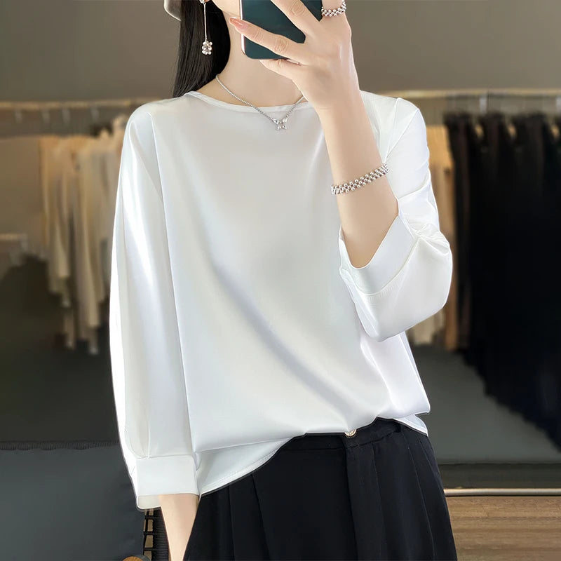 Kemeja-T Sembilan Lengan Satin Acetic baharu dalam Musim Panas Leher Bulat Wanita Longgar Saiz Besar Lengan Lebar Di Luar