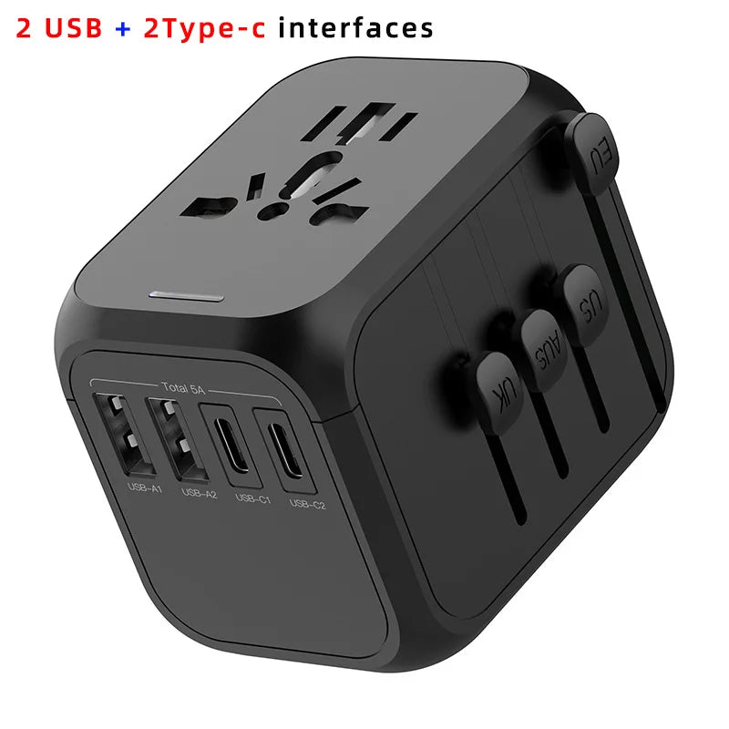 Dengan 3 penyesuai kuasa USB dan Jenis C untuk pengecasan pantas palam perjalanan EU/UK/AS/Australia, penyesuai perjalanan antarabangsa USB 5V 3A