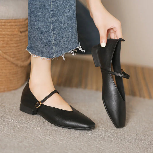Wanita Musim Bunga Kasual Kaki Persegi Kasut Kaki Rendah Lembut Lolita Ballerina Merah Flat Wanita Elegan Perancis Retro Buckle Mary Janes