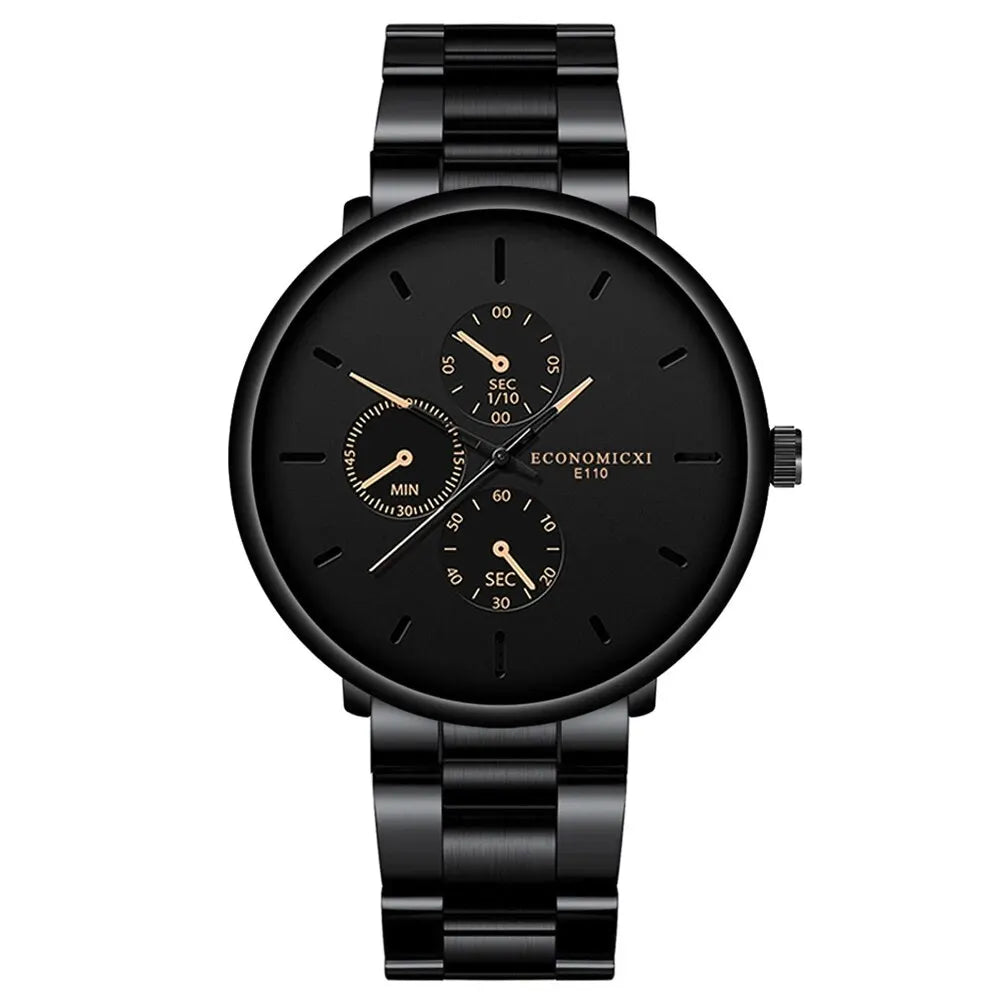 1Pcs Men's Casual Fashion Business Three Eyes Rose Needle Digital Steel Band Quartz Watch Designed For Successful Men Classic