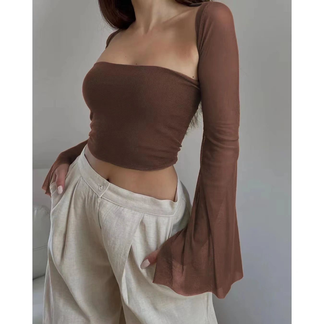 Xeemilo Aesthetic Vintage Wanita Set 2 Keping Tank Top Tanpa Tali Hijau Dengan Seksi Mesh Sheer Flare Lengan Panjang Selendang Pakaian Jalanan