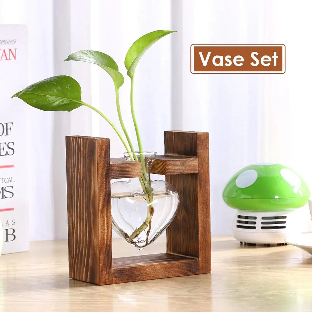 Pasu Kaca Lutsinar Bingkai Kayu Seni Besi Terarium Hiasan Meja Bonsai Pasu Bunga Meja Hidroponik Pot Bunga Tanaman