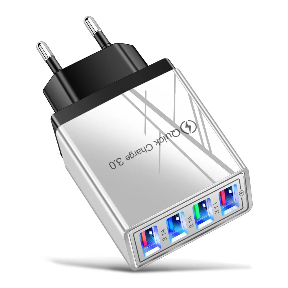 3.1A EU US 4USB Ports AC Perjalanan Rumah Pengecas Dinding Penyesuai Kuasa Untuk IPhone 12 13 14 15 Pro Max Samsung Xiaomi Huawei