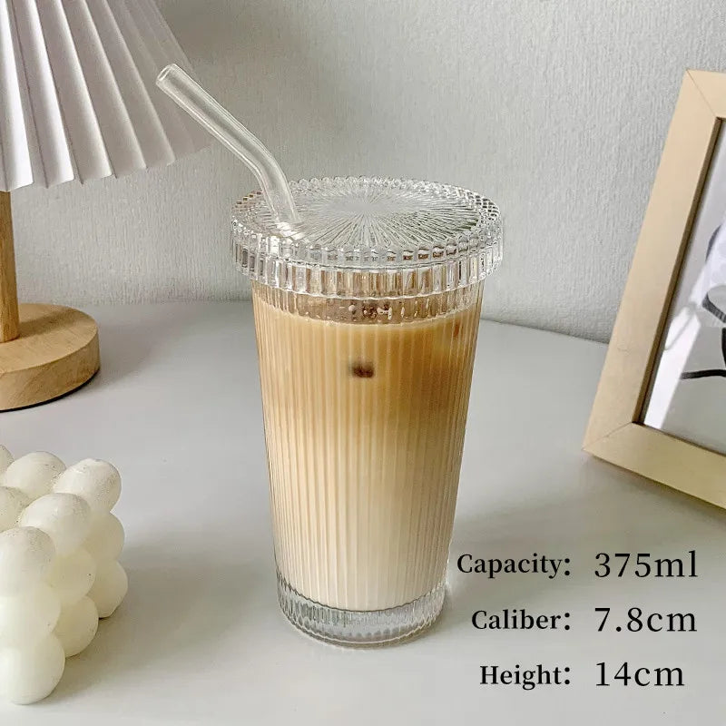 370ml Simple Stripe Coffee Glass Cup With Lid and Straw Transparent Bubble Tea Cup Juice Glass Milk Mocha Cups Breakfast Mug