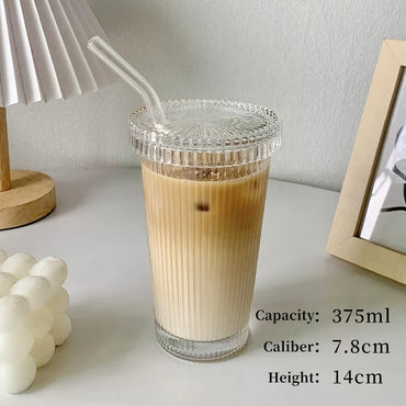 370ml Simple Stripe Coffee Glass Cup With Lid and Straw Transparent Bubble Tea Cup Juice Glass Milk Mocha Cups Breakfast Mug