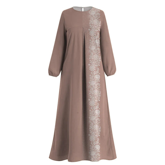 Muslim Islam Abaya Wanita Tiruan Cetak Renda Lengan Panjang O-neck Abaya Muslim Dress Femme Dubai Turki Kaftan Muslim Dress Jubah