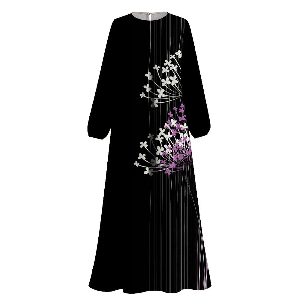 Muslim Islam Abaya Wanita Tiruan Cetak Renda Lengan Panjang O-neck Abaya Muslim Dress Femme Dubai Turki Kaftan Muslim Dress Jubah