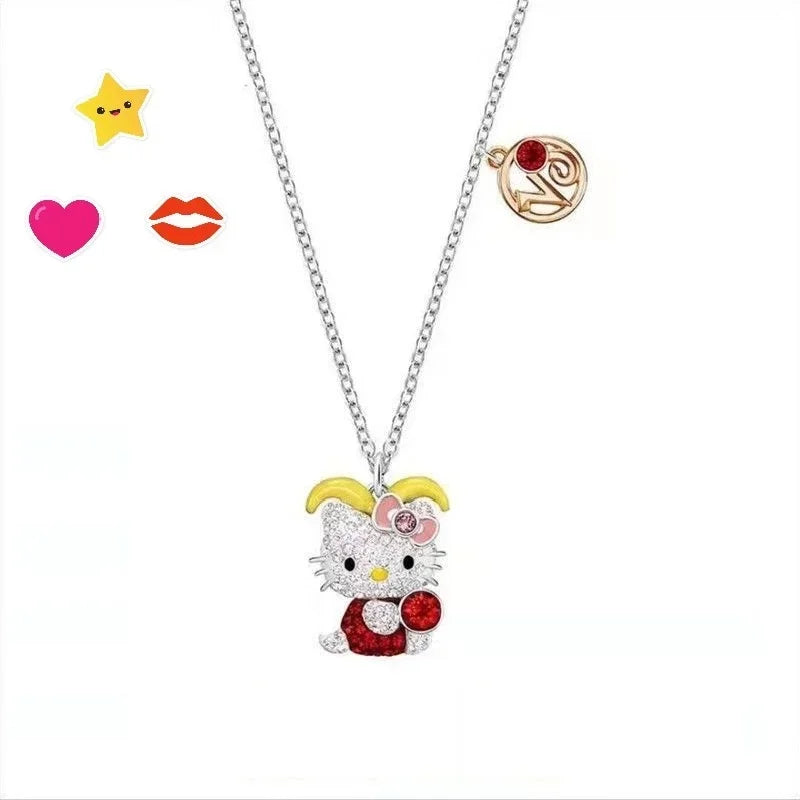 Kalung Hello Kitty Sanrio Watak Anime Pink Peach Heart Crystal Cat Gelang Tolak Tarik Loket Hiasan Pasangan Hadiah Gadis