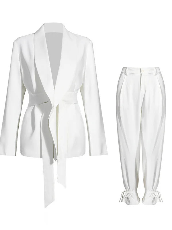 TWOTWINSTYLE Warna Pejal Korea Set Dua Keping Blazer Wanita Tali Pinggang Tinggi Bertali Sut Seluar Lurus Wanita 2022 Fesyen Baru