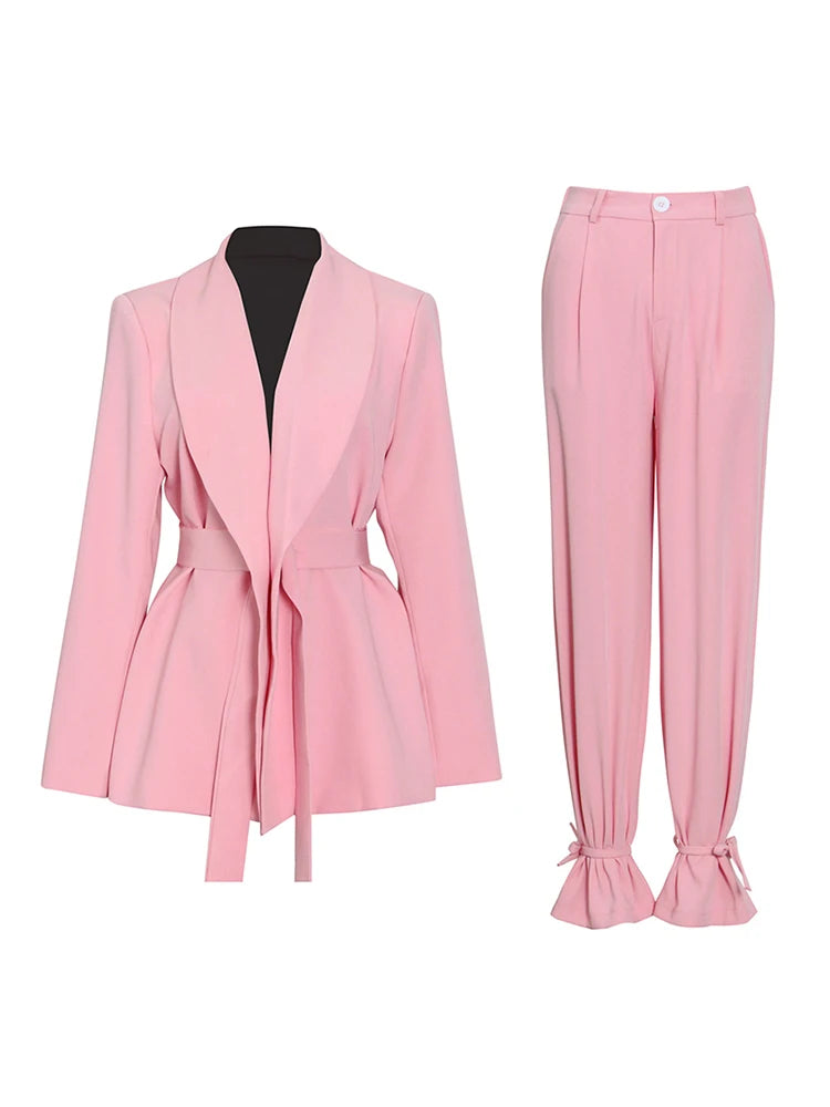 TWOTWINSTYLE Warna Pejal Korea Set Dua Keping Blazer Wanita Tali Pinggang Tinggi Bertali Sut Seluar Lurus Wanita 2022 Fesyen Baru