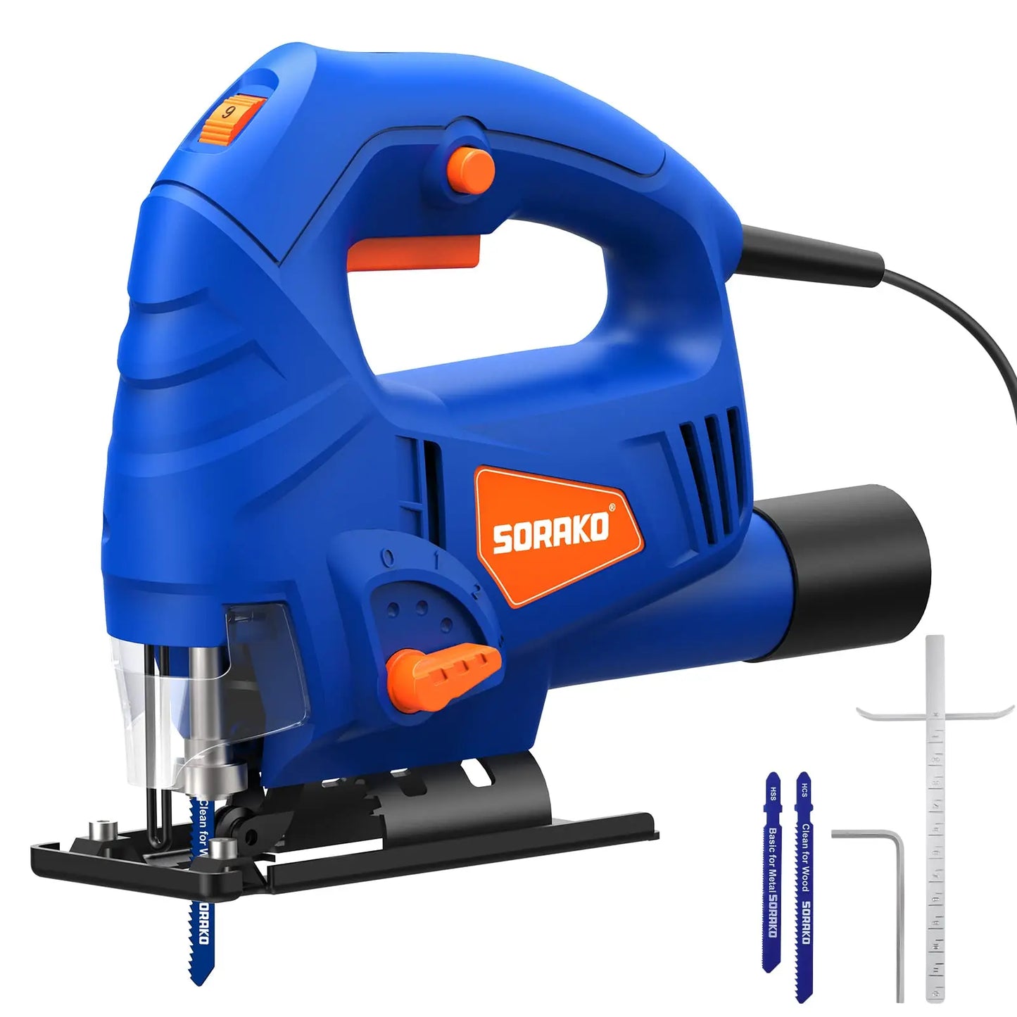 SORAKO 600W Jig Saw dengan 2 Bilah 3000SPM Fungsi Pengumpulan Debu Boleh Laras Sudut Memotong Jigsaw untuk Alat Kuasa Kayu