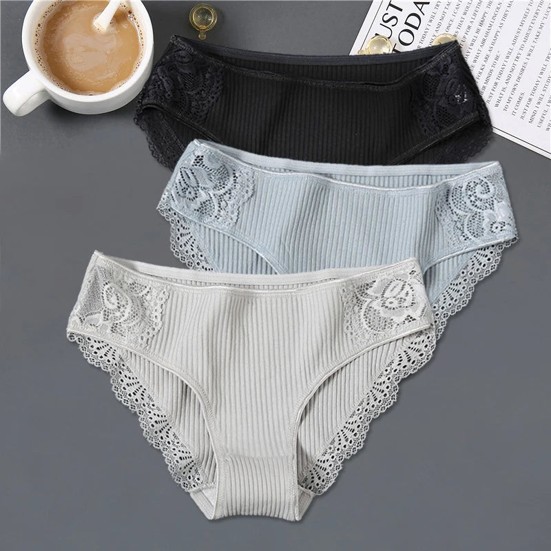 3Pcs/set Women's Cotton Panties M-2XL Women Patchwork Lace Underwear Sexy Low Waist Briefs Ladies Comfortable Underpants 2022