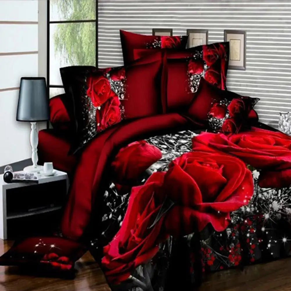 4PCS 3D Big Red Rose Floral Bedding Linen Sets Wedding Duvet Flower Print Cover Sheet Pillow Cases Bed Sheet Set Bedroom Decor