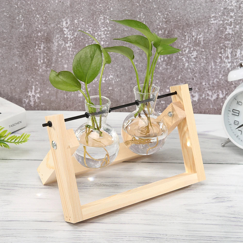 Pasu Kaca Lutsinar Bingkai Kayu Seni Besi Terarium Hiasan Meja Bonsai Pasu Bunga Meja Hidroponik Pot Bunga Tanaman