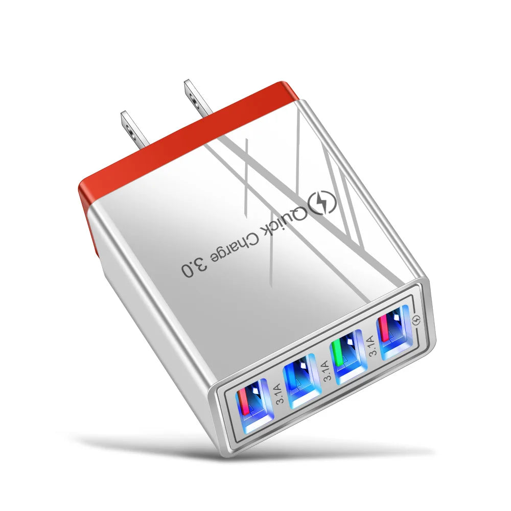 3.1A EU US 4USB Ports AC Perjalanan Rumah Pengecas Dinding Penyesuai Kuasa Untuk IPhone 12 13 14 15 Pro Max Samsung Xiaomi Huawei