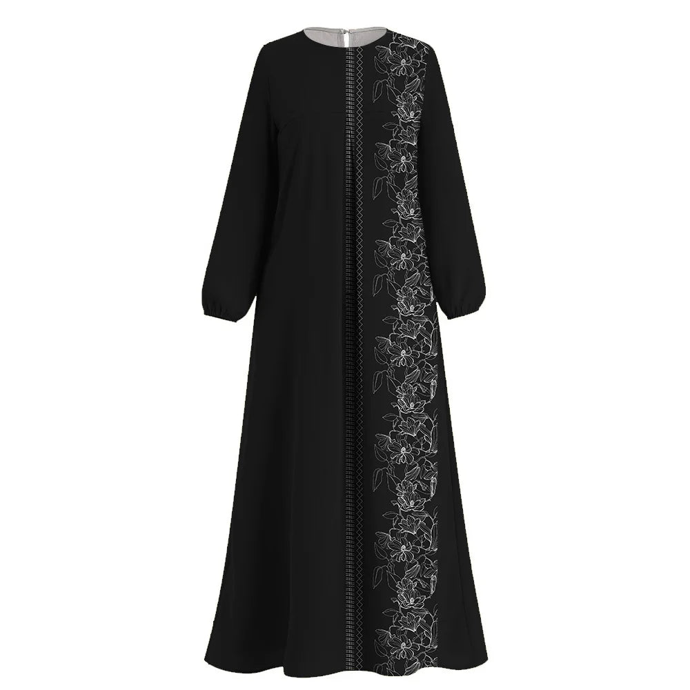 Muslim Islam Abaya Wanita Tiruan Cetak Renda Lengan Panjang O-neck Abaya Muslim Dress Femme Dubai Turki Kaftan Muslim Dress Jubah
