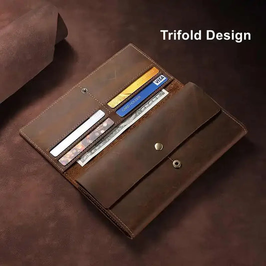 100% Genuine Leather Wallet for Men Vintage Heave Duty Cowhide Long Wallets with Phone Pouch Minimalist Mens Card Wallet