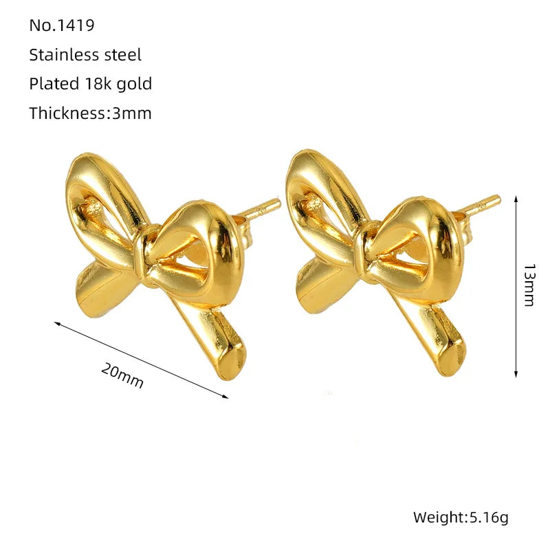 1 Pair Stainless Steel Metal Ribbon Bow Stud Earrings for Women Girls18K Gold Plated Cute Statement Piercing Jewelry Set Gift