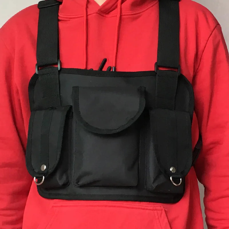 Beg Dada Taktikal Berfungsi untuk Lelaki Fesyen Peluru Hip Hop Vest Beg Streetwear Beg Pinggang Uniseks Beg Rig Dada Hitam 899
