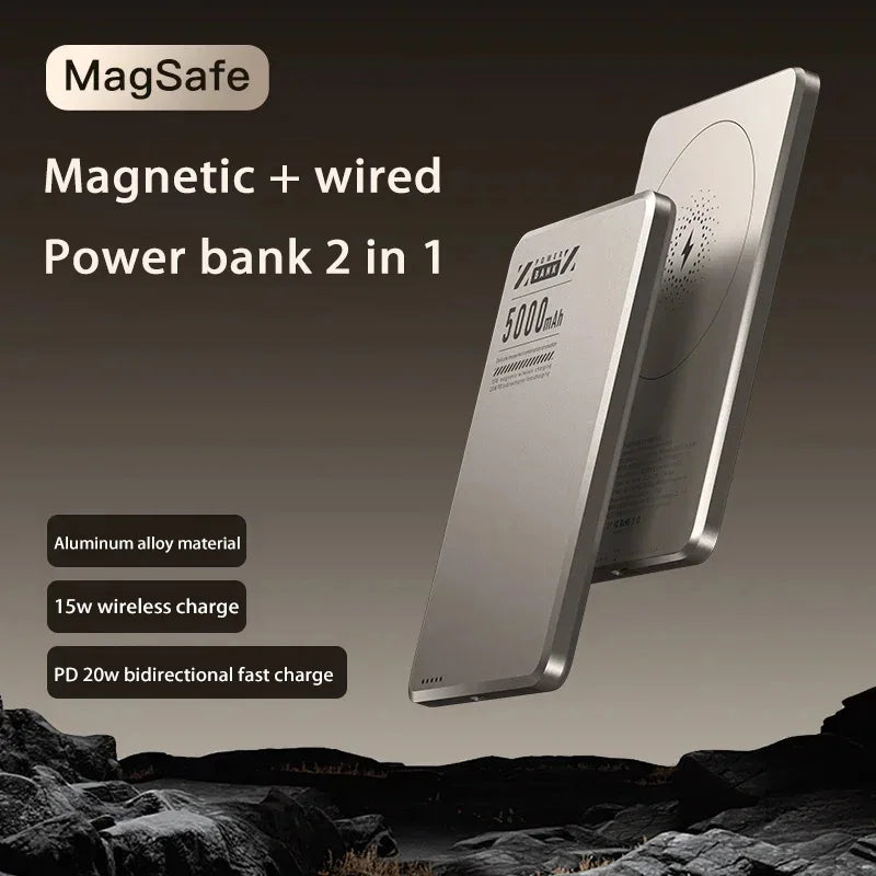 Pengecas Mudah Alih Ultra-Slim Bank Kuasa 5000mAh Bank Kuasa Wayarles Magnet Pengecasan Super Pantas untuk iPhone Samsung 2025 Baharu