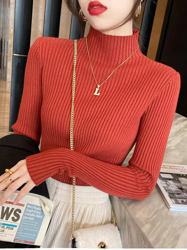 Atasan Rajutan Asas Pepejal Elegan Sweater Turtlneck Wanita Lengan Panjang Pullover Ramping Kasual Fesyen Korea Pakaian Bergaya Mudah