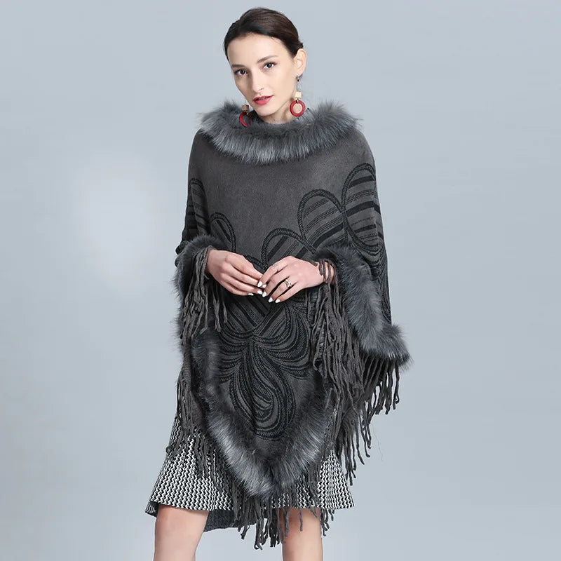Musim sejuk Knitted Ponco Cape Bulu Pullover Longgar Wanita Segitiga Panjang Faux Cashmere Oversize Round Corak Rumbai Kot Outstreet