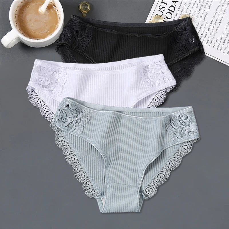 3Pcs/set Women's Cotton Panties M-2XL Women Patchwork Lace Underwear Sexy Low Waist Briefs Ladies Comfortable Underpants 2022