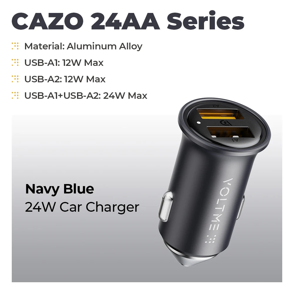 Pengecas Kereta Dual USB VOLTME 24W Aloi Aluminium Mini dengan LED Biru untuk iPhone 14 13 12 Pro Max pengecasan pantas dalam Pengecas kereta