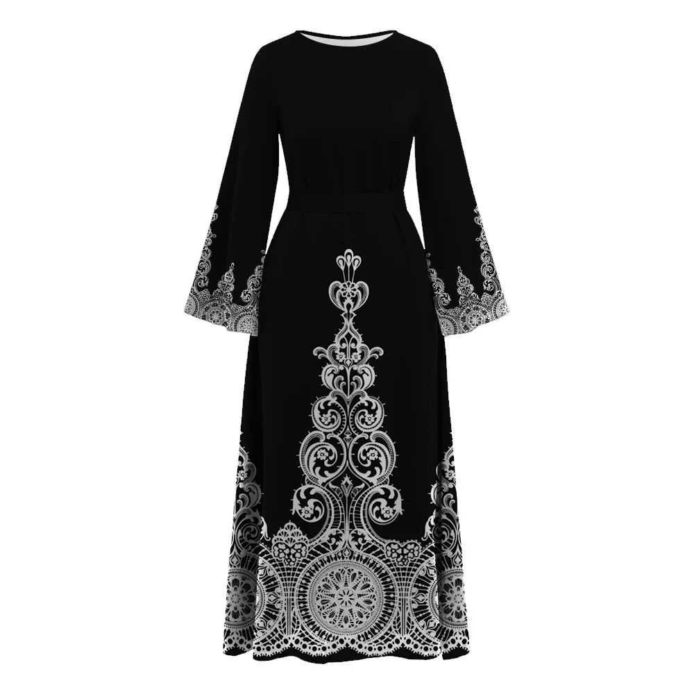 Muslim Islam Sederhana O-leher Hitam Abaya Demure Berkobar Lengan Muslim Abaya Lace Corak Cetak Dubai Maghribi Tunik Gaun Dengan Tali Pinggang