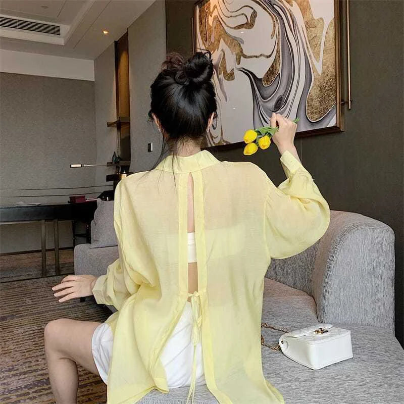 Baju Pelindung Matahari Musim Panas Wanita Elegan Chic Longgar Lace Up Blaus Fesyen Korea Harajuku Lengan Panjang Atasan Nipis Wanita Baru
