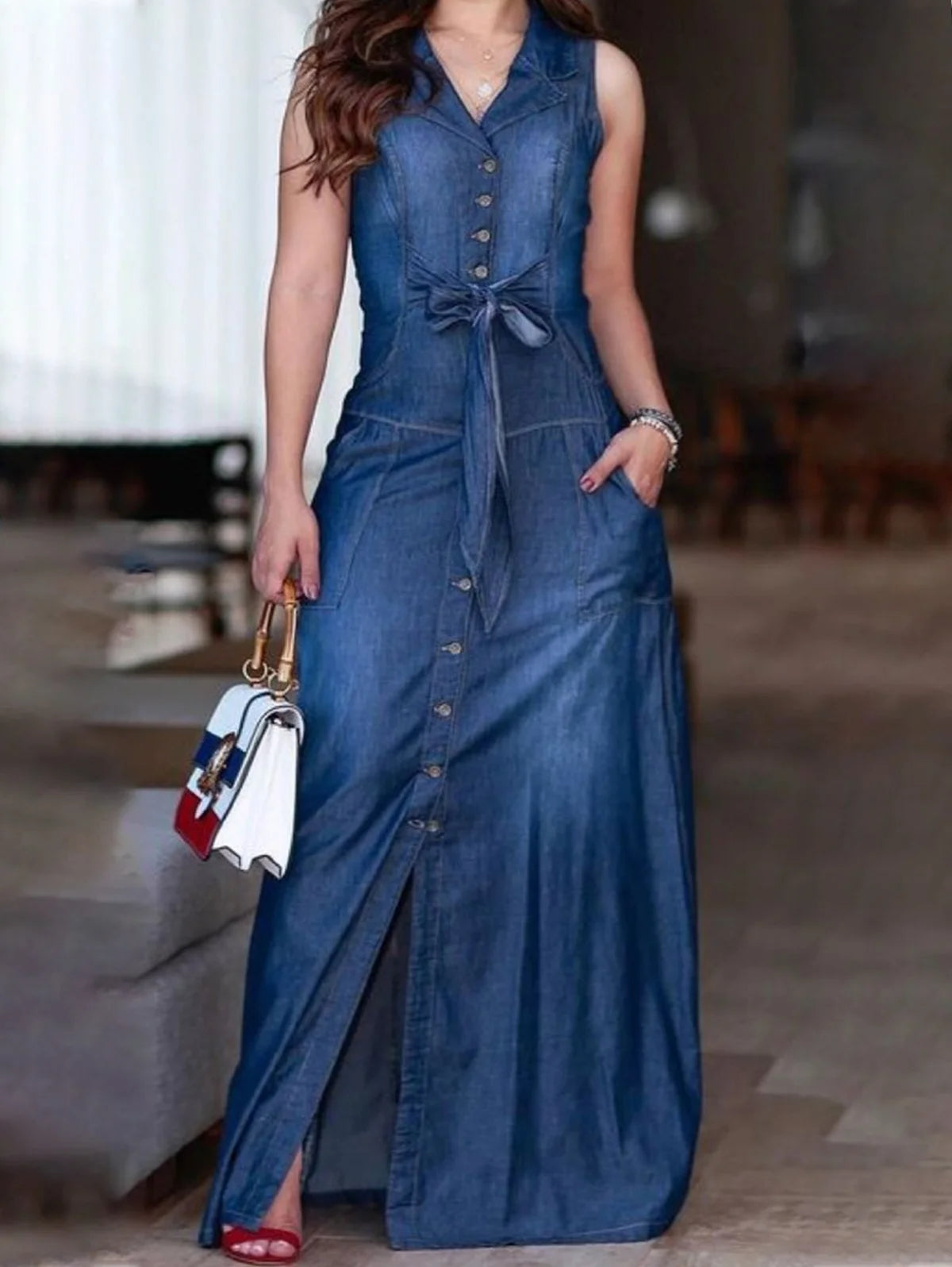 Pakaian Denim Wanita Tanpa Lengan Kolar Persegi Sling Jean Slim Fit Gaun Panjang Musim Panas Elegan Wanita Tali Spaghetti Maxi Jubah
