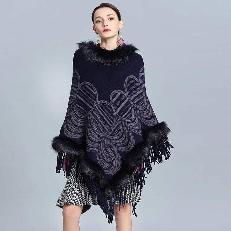 Musim sejuk Knitted Ponco Cape Bulu Pullover Longgar Wanita Segitiga Panjang Faux Cashmere Oversize Round Corak Rumbai Kot Outstreet