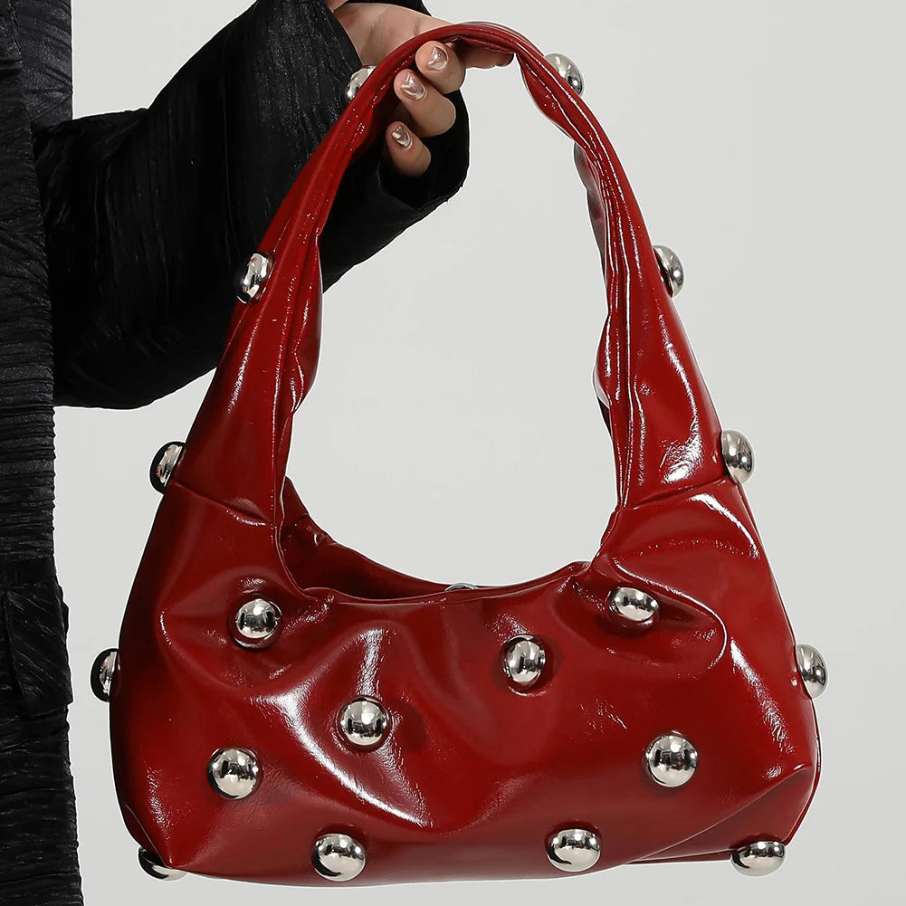 Underarm Bag Fashion Women PU Rivet Shoulder Bag Adjustable Strap Trendy Tote Handbag Punk Style Satchel Purse Chic Hobo Bag