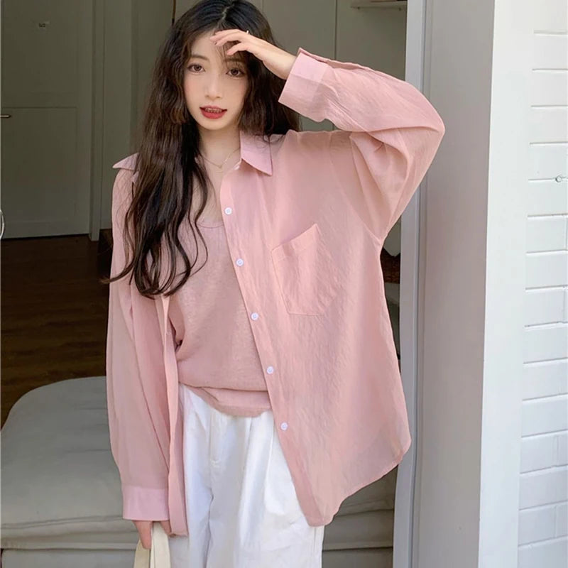 Baju Pelindung Matahari Musim Panas Wanita Fesyen Korea Blaus Nipis Pepejal Mudah Wanita Lengan Panjang Baju Pantai Longgar Kasual Mujer
