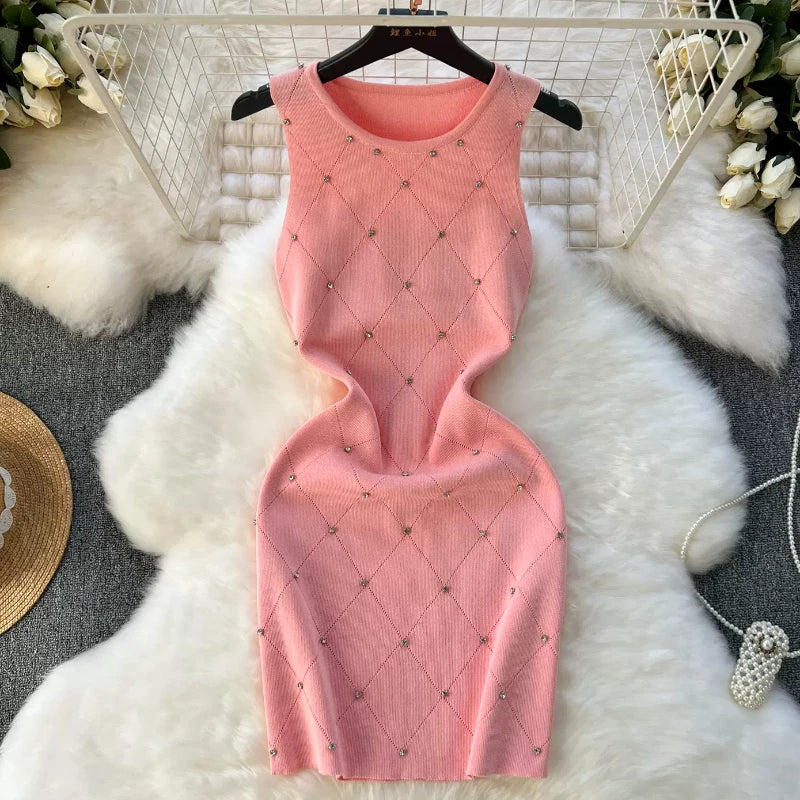 Manik Musim Panas Wanita Mengait Sarung Pakaian Tank Bodycon Wanita Dikait Kamisol Pakaian Mini Tanpa Lengan untuk Pakaian Wanita