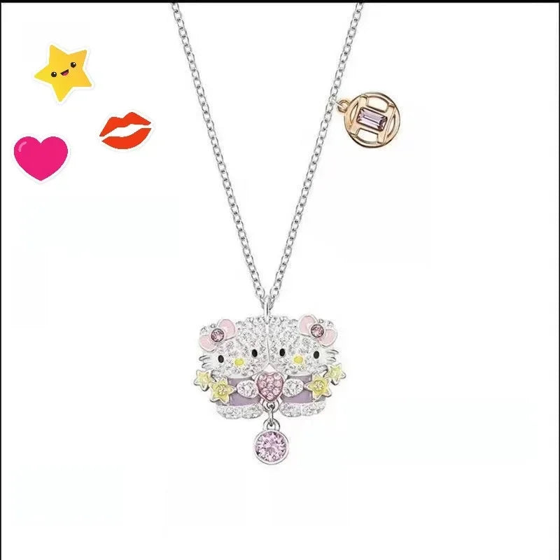 Kalung Hello Kitty Sanrio Watak Anime Pink Peach Heart Crystal Cat Gelang Tolak Tarik Loket Hiasan Pasangan Hadiah Gadis