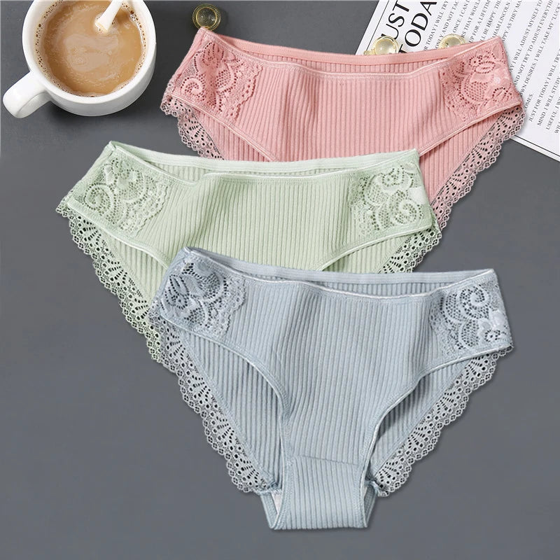 3Pcs/set Women's Cotton Panties M-2XL Women Patchwork Lace Underwear Sexy Low Waist Briefs Ladies Comfortable Underpants 2022